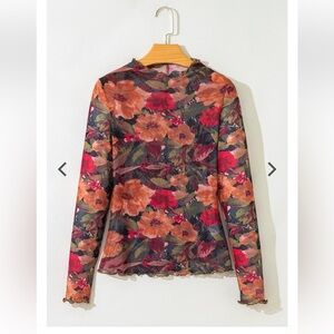 Multicolour Floral Print Lettuce Trim Long Sleeve Mesh Top